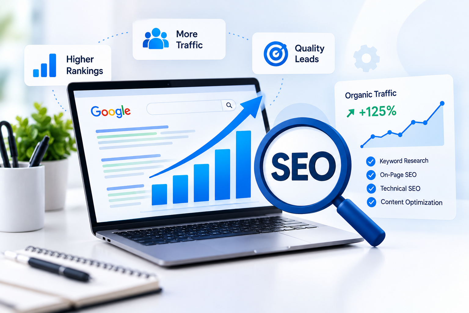 Services Search Engine Optimization services featuring website analytics, keyword research and organic traffic growth.